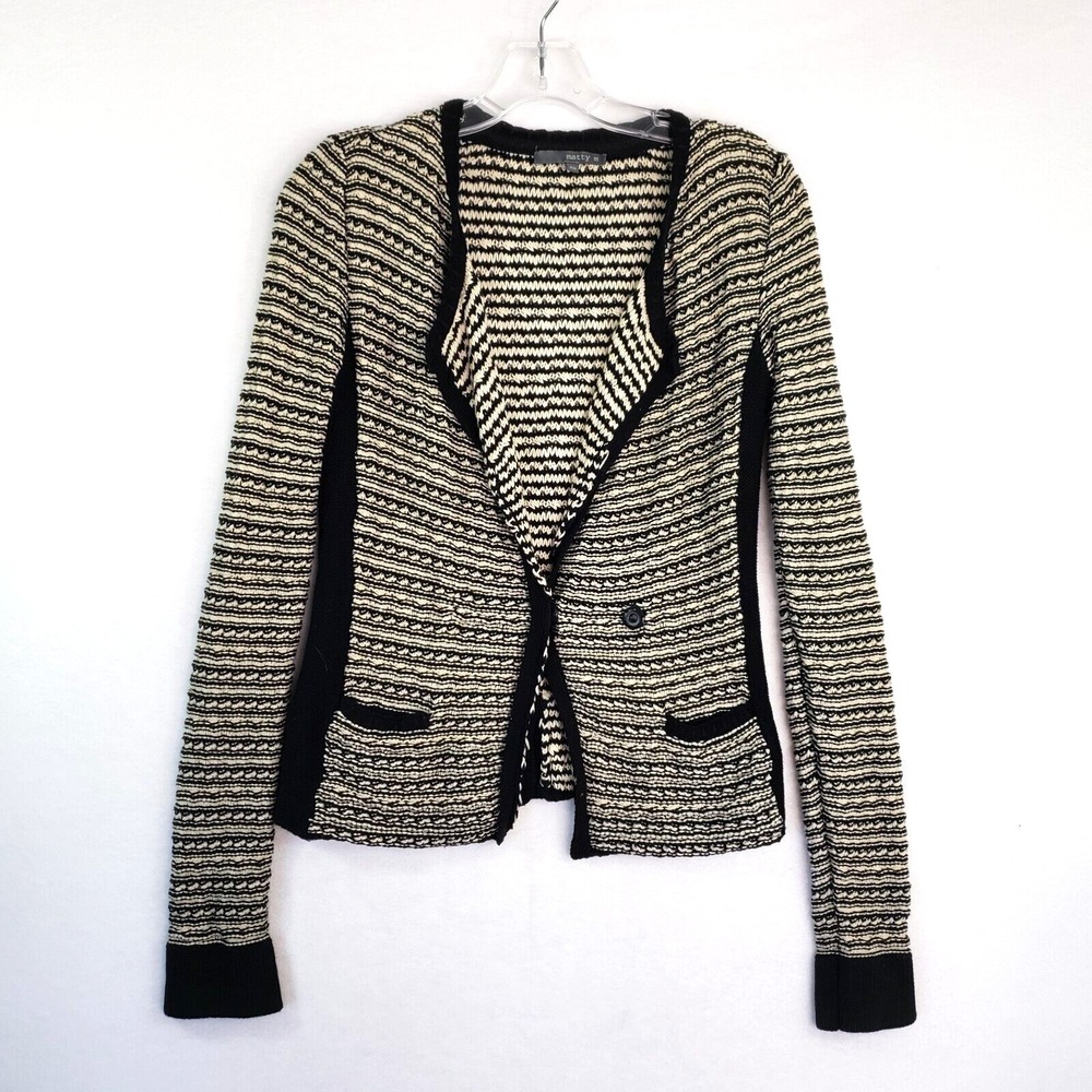 Matty M‎ Knit Blazer Womens XS Black Striped Career Jacket Pockets Cotton Office